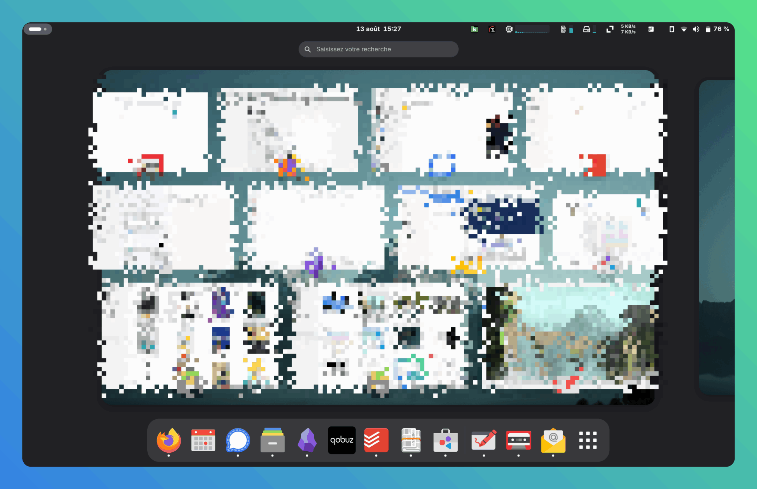 une capture d'écran de mon PC sous Fedora Gnome. On y voit plusieurs applications dans la vue globale