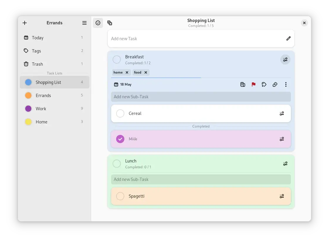 Capture d'écran de l'application Errands sur Linux