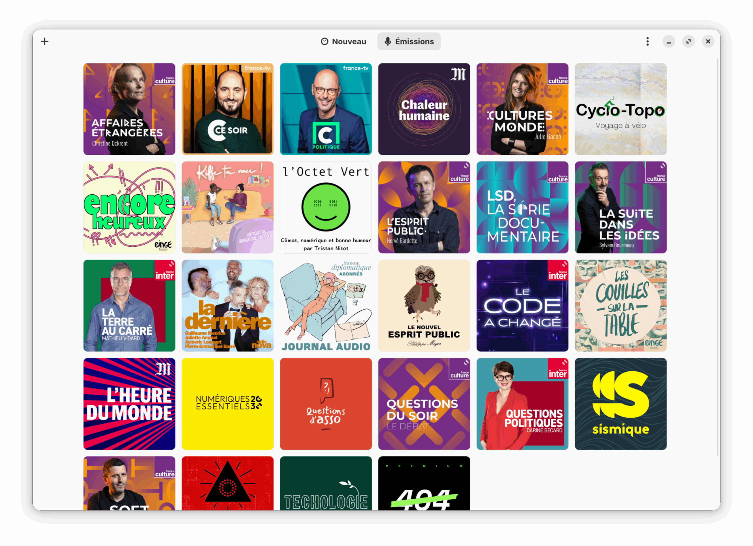 Capture d'écran de l'application Podcast sur Linux